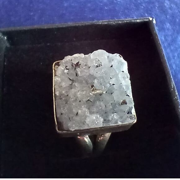 Natural Crystal Square Silver Ring size 5.75 reflective sparkly gemstone - Picture 2 of 14